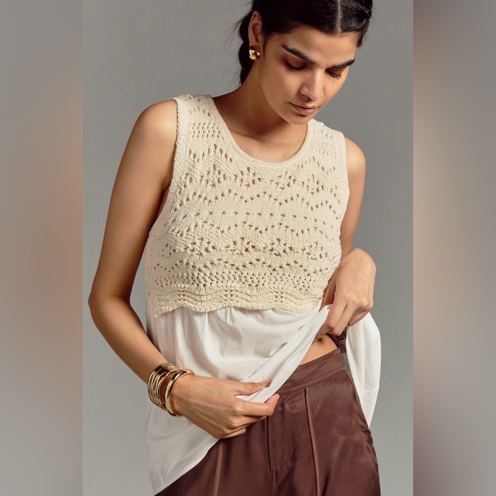 Anthro Ivory Crochet Sweater Tank Layered Boho Knit Blouse S - Picture 2 of 7